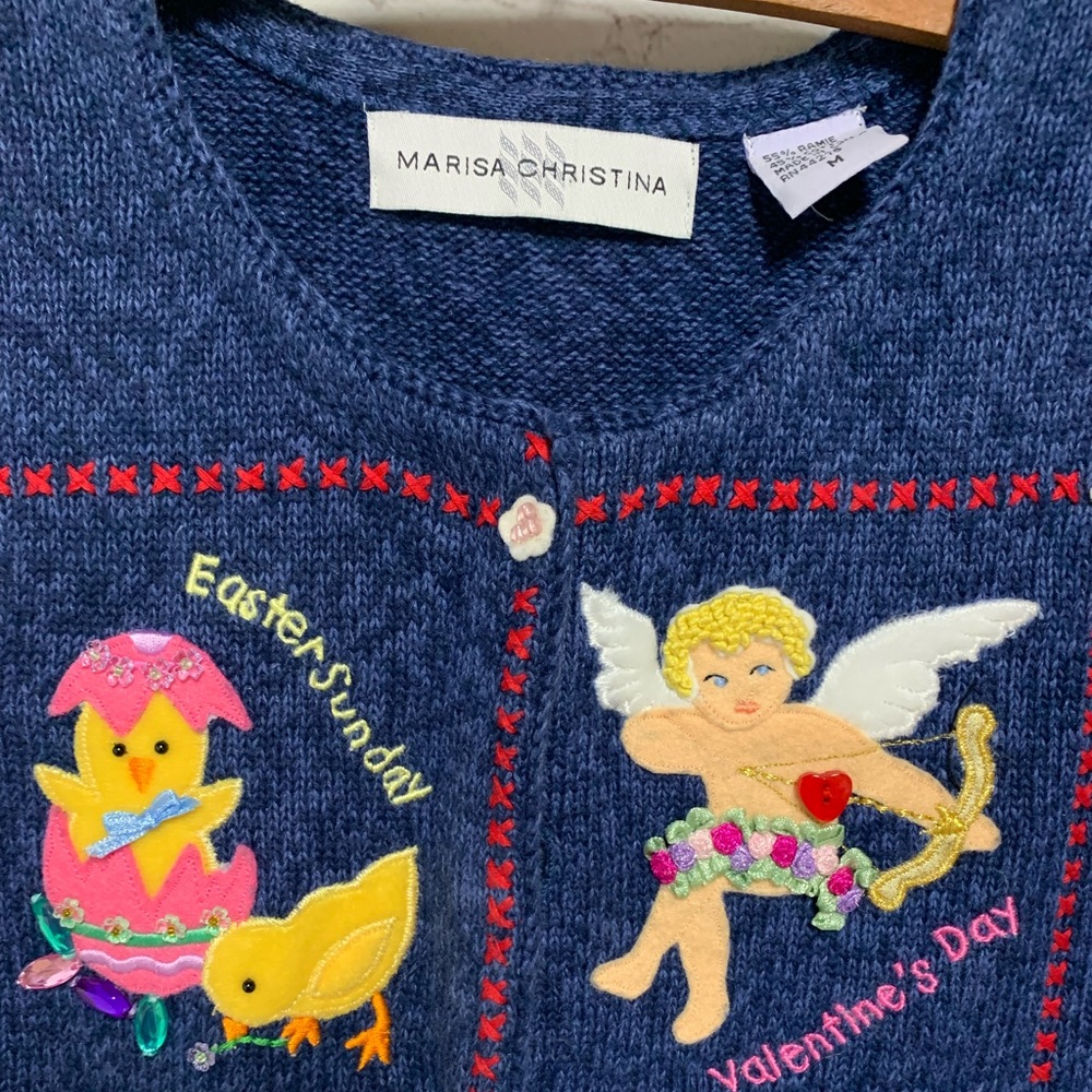 Marisa Christina Blue Festive Annual Holidays Embroidered Vest Size M - Picture 2 of 6